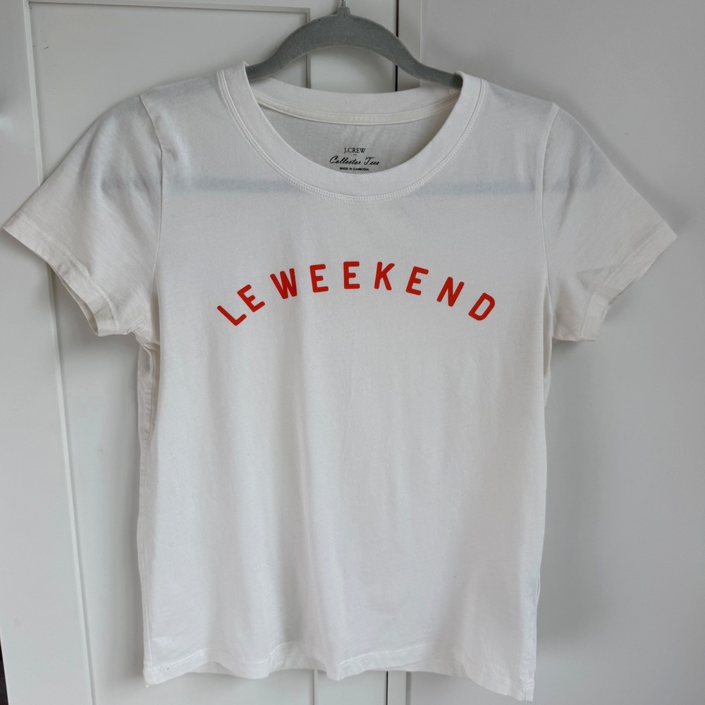 J.Crew Graphic Tee Le Weekend Womens XS White Red Collector Tee Cotton Preppy